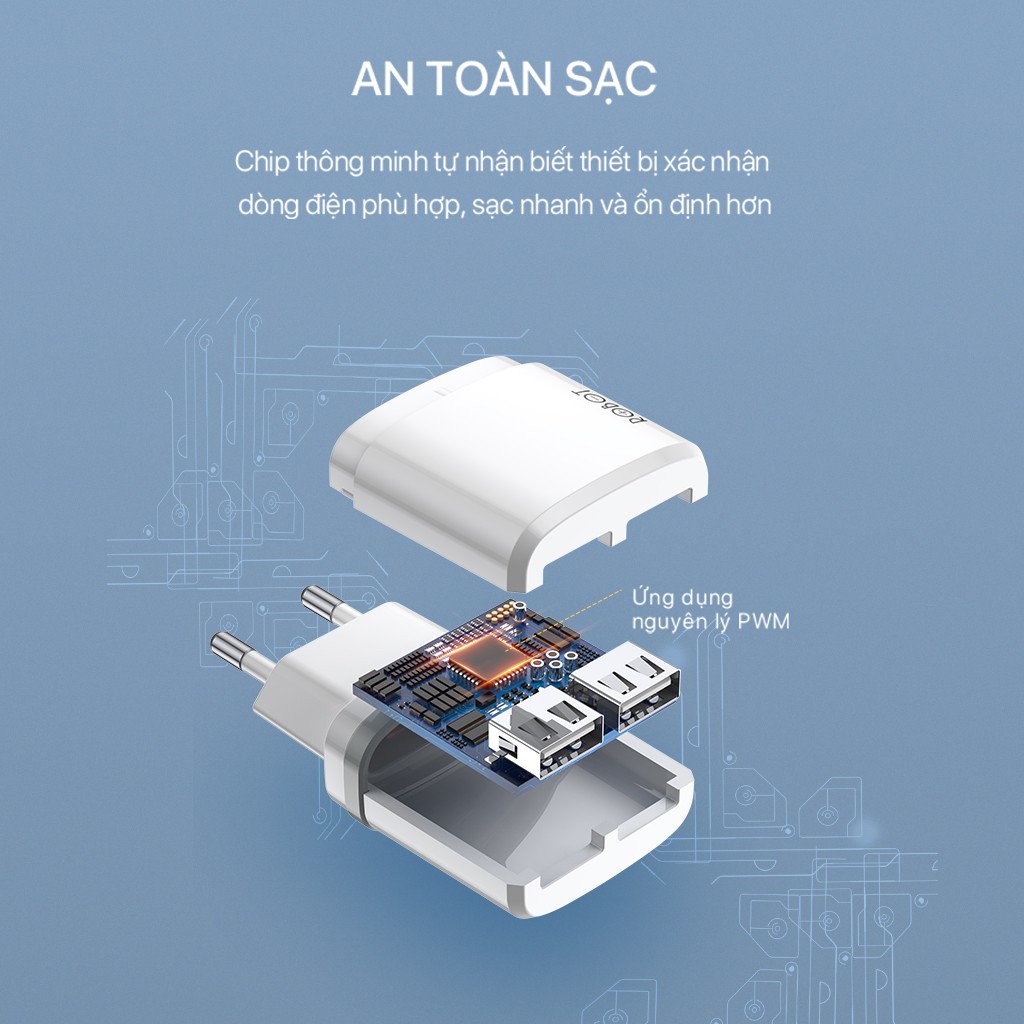 [99 điểm] Cốc Sạc ROBOT RT-K9 - 2 Cổng Sạc Ra Sạc USB - Kèm Cáp Micro 1m
