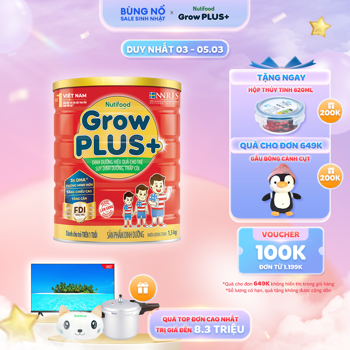 Sữa bột GrowPLUS+ suy dinh dưỡng trên 1 tuổi - Đạt danh hiệu sữa trẻ em số 1 Việt Nam (Lon 1.5kg)