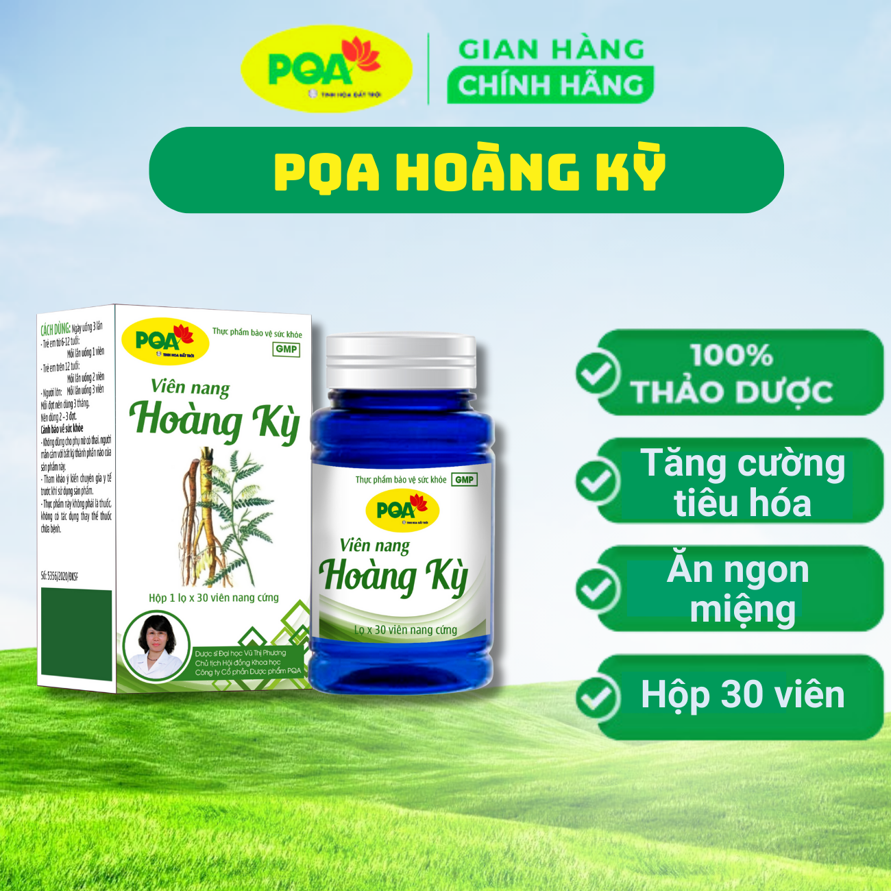 Pqa hoàng kỳ hỗ trợ tăng cường sức khỏe, cải thiện hệ tiêu hóa và giảm mệt mỏi. hộp 30 viên