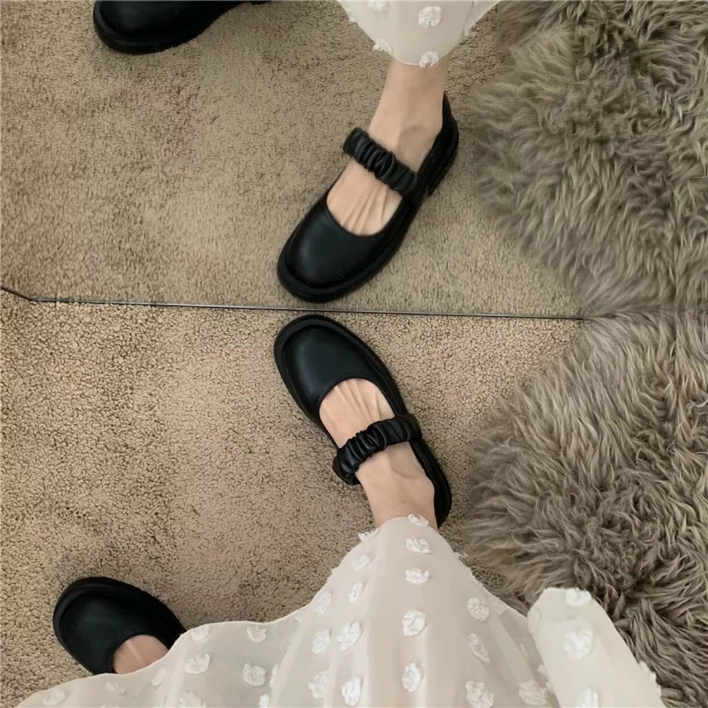 Giày doc da lì quai nhún ngang mũi tròn đế 2cm- mã 836