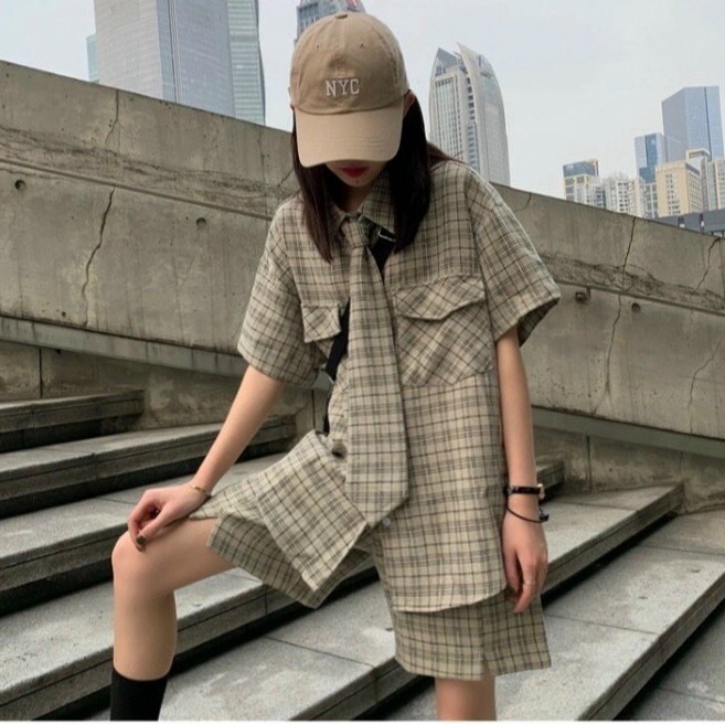 SET BỘ ĐỒ  ÁO SƠ MI FORM RỘNG CARO KÈM CARAVAT UNISEX SIÊU COOL NGẦU