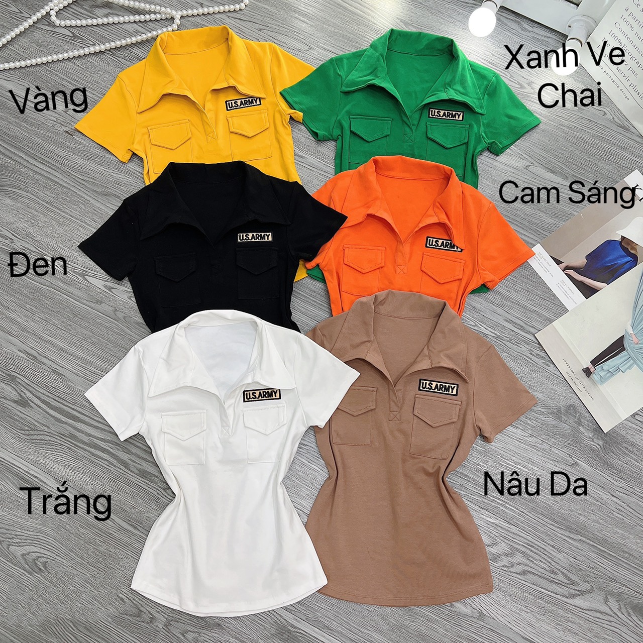 Áo thun nữ body có cổ phối túi đủ màu ( có Lô Gô )