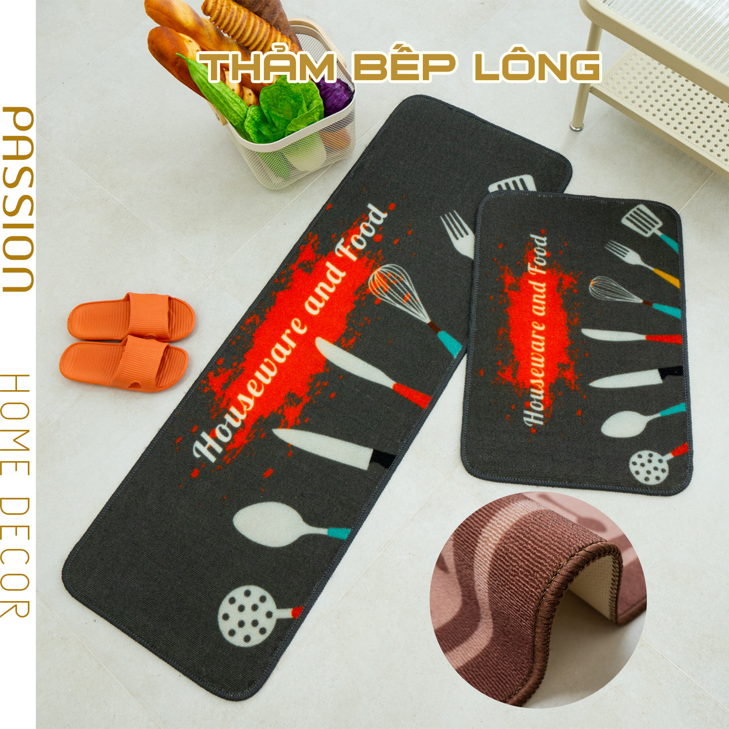 Set 2 Thảm Bếp Sợi Len Đế Cao Su Chống Trượt Cao cấp