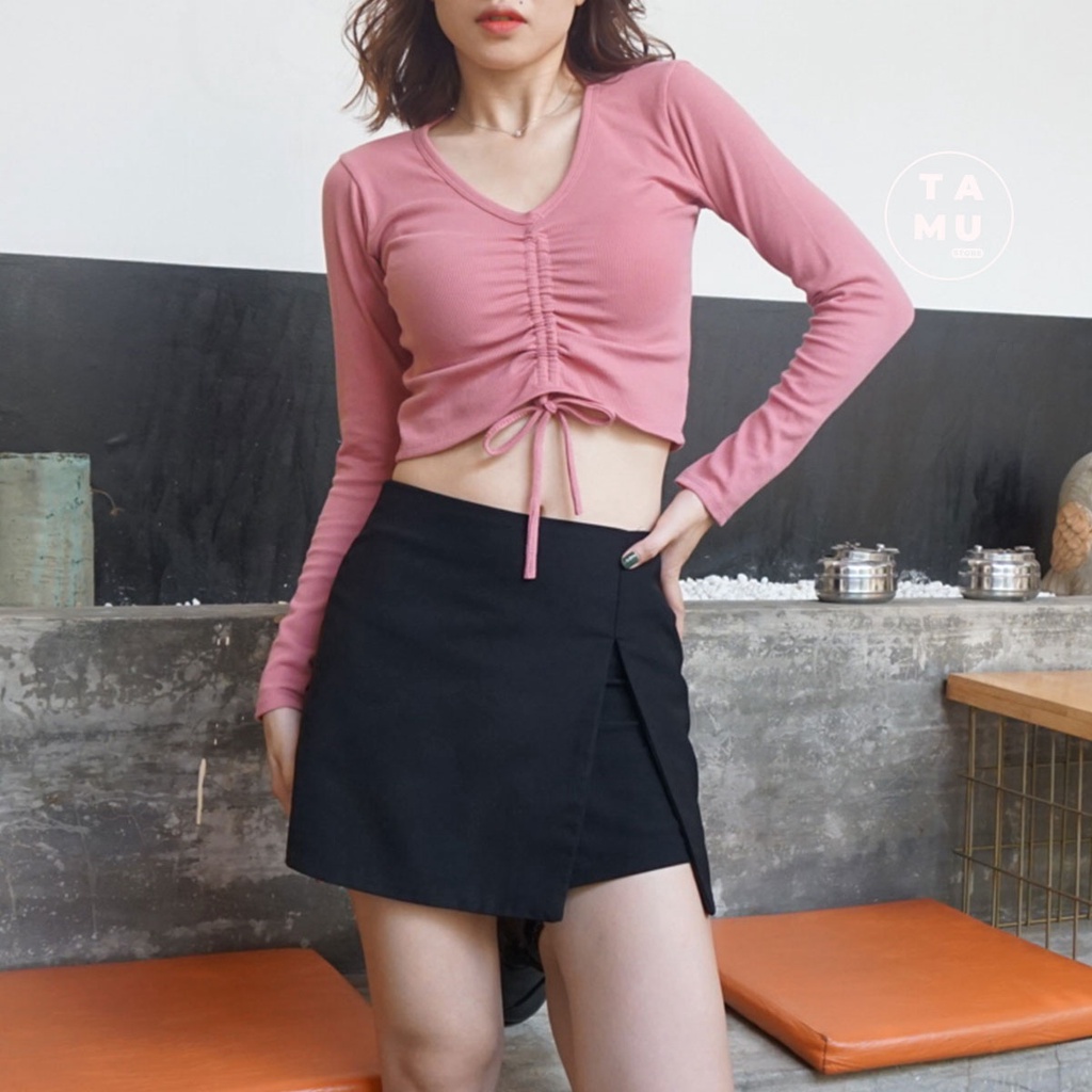 Áo croptop tay dài rút dây chất thun gân dày dặn kiểu dáng basic dễ phối đồ - CT08