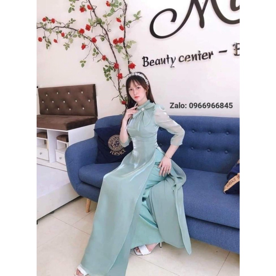Áo dài tơ 4 tà cổ xếp tay bồng tiểu thư - Áo Dài Đan Linh