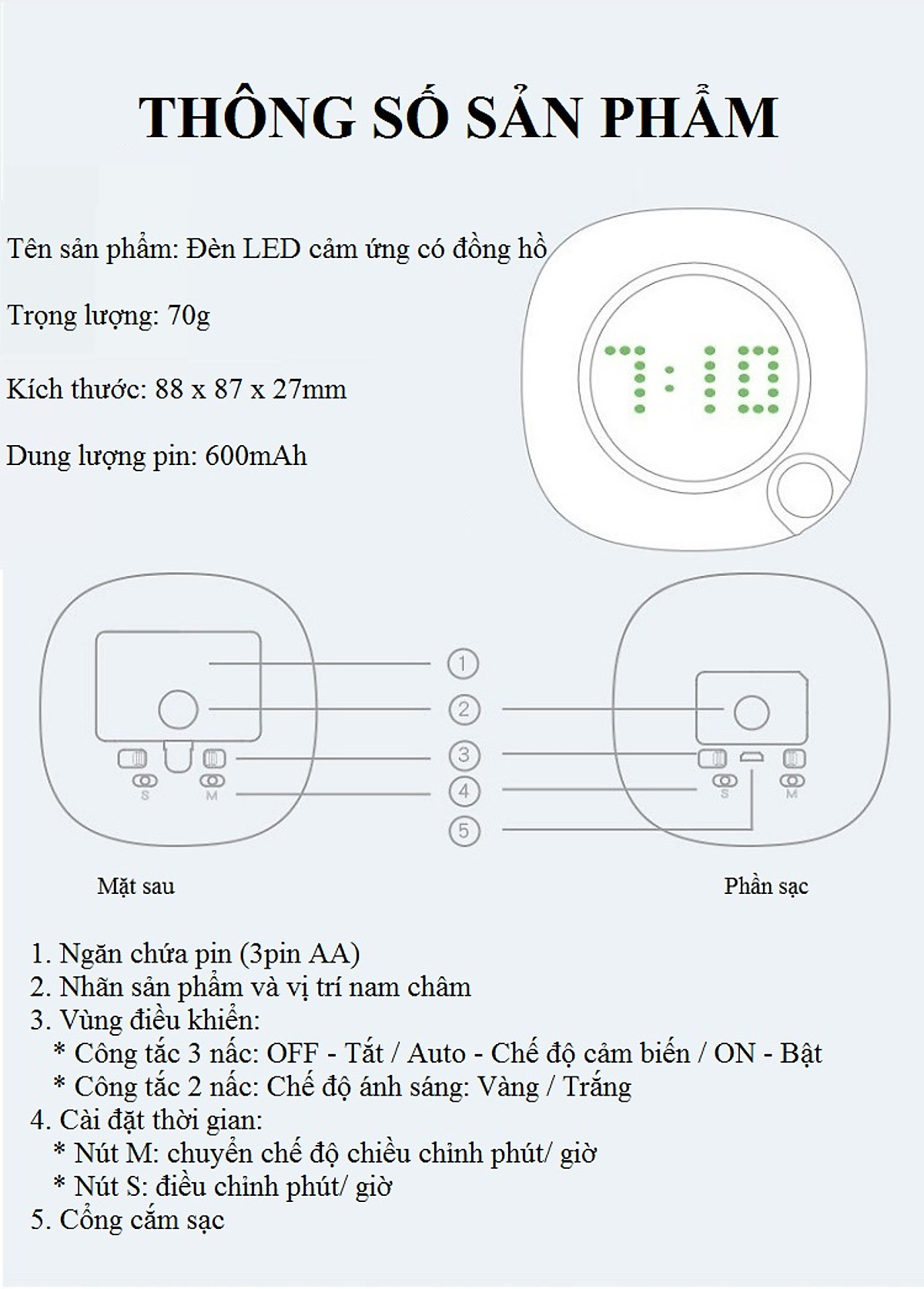 Đèn Led cảm ứng kiêm Đồng hồ mini (dán tủ, tường, phòng ngủ, nhà tắm, nhà vệ sinh...)