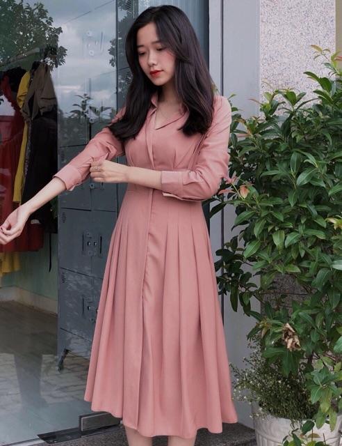 [HCM]Đầm sm hồng đậm xếp li (kèm hình thật)