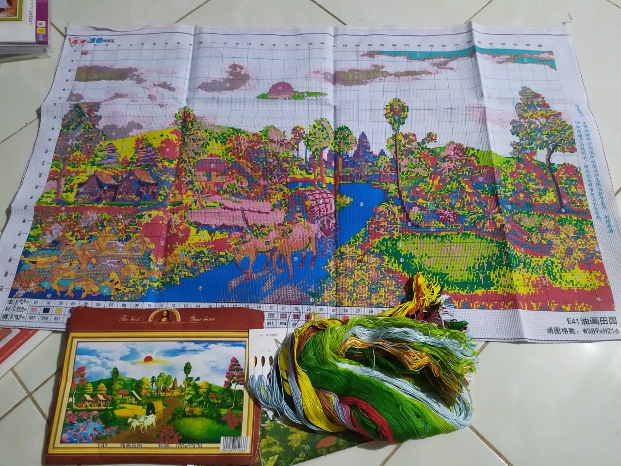 Tranh Thêu chữ thập phong cảnh nông thôn quê hương đồng quê (chưa thêu) E41