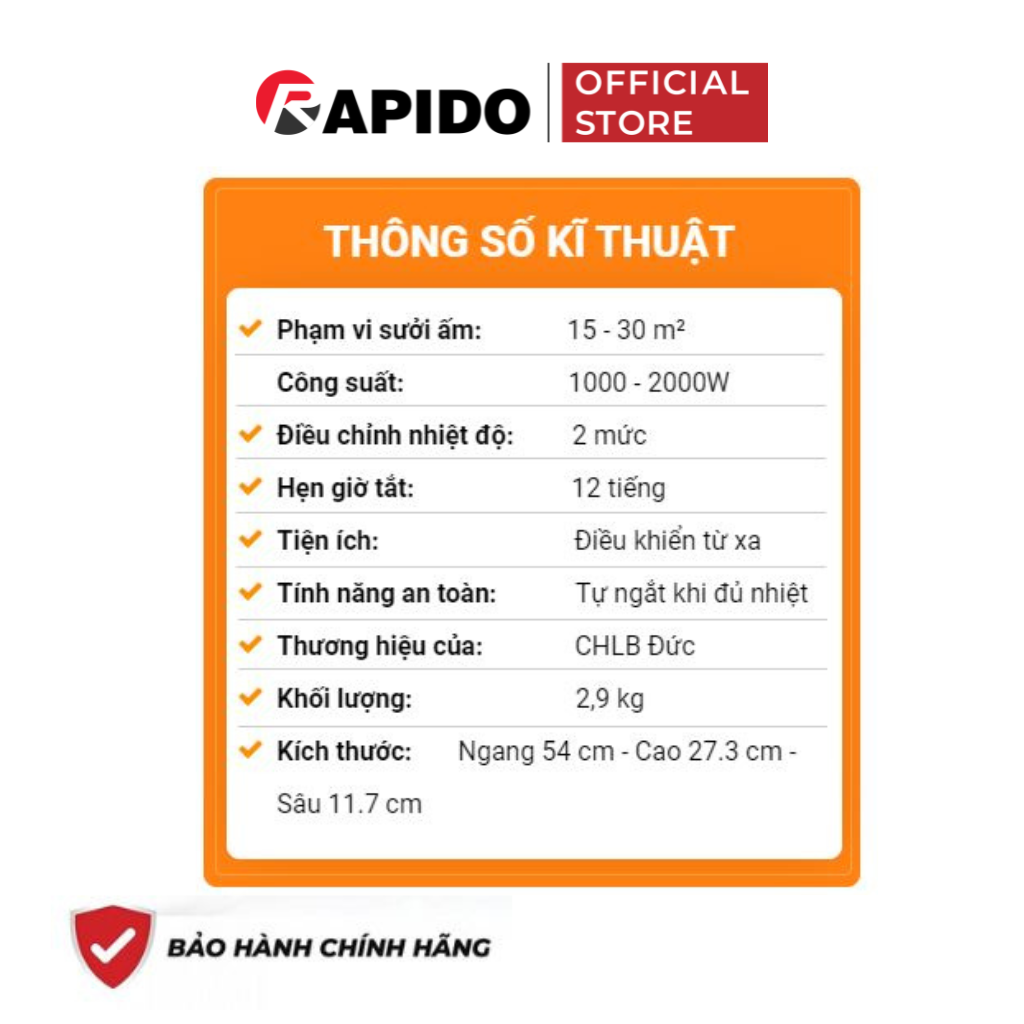 Máy sưởi gốm Rapido RCH2000-D