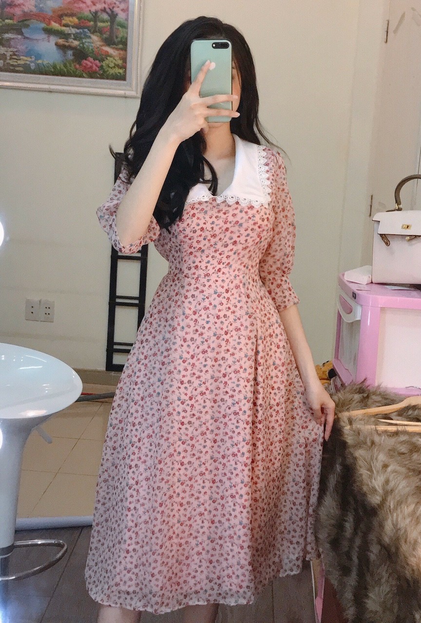 Đầm hoa cổ sen tay phồng-HC