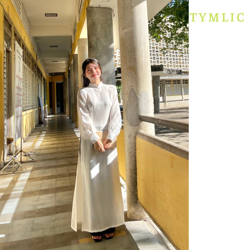 Áo Dài Lụa Tay Phồng Nút Ngọc Màu Trắng TYMLIC (Không kèm quần)