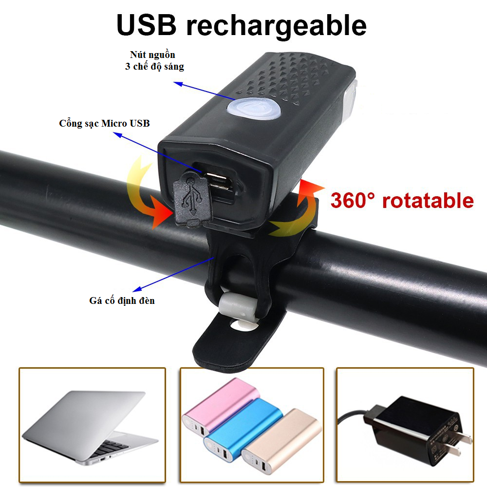 Đèn pha độ sáng cao, đèn trước xe đạp sạc qua cổng Micro USB