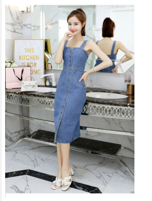ĐẦM JEAN 2 DÂY PHỐI HÀNG NÚT D7780