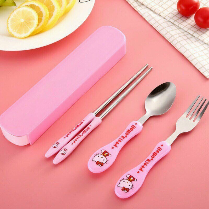 Bộ Muỗng Đũa Nĩa Inox Dễ Thương Hình Doreamon Kitty Cho Bé - Đũa tập ăn cho bé
