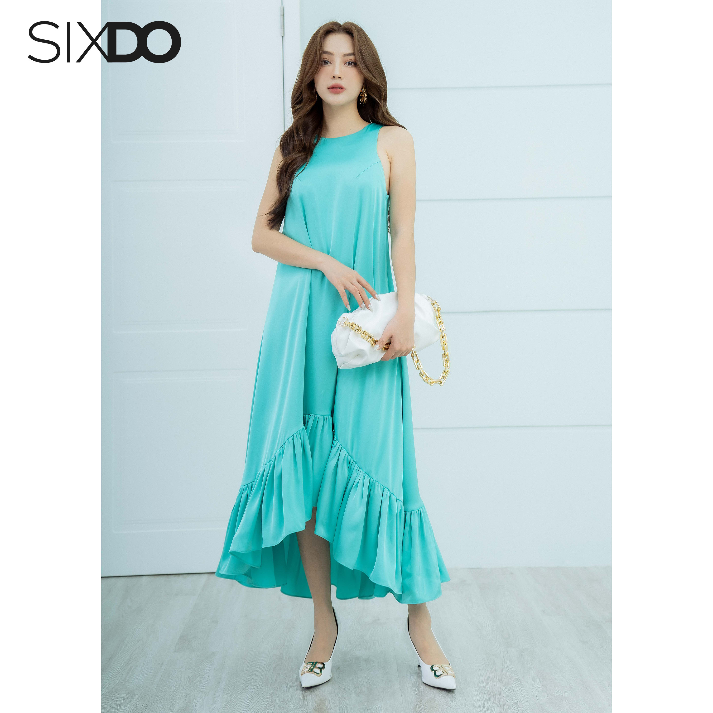 Đầm lụa xanh đuôi cá sixdo