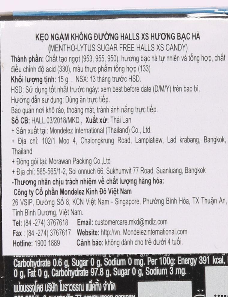 Kẹo ngậm không đường Halls XS vị bạc hà hộp 15g
