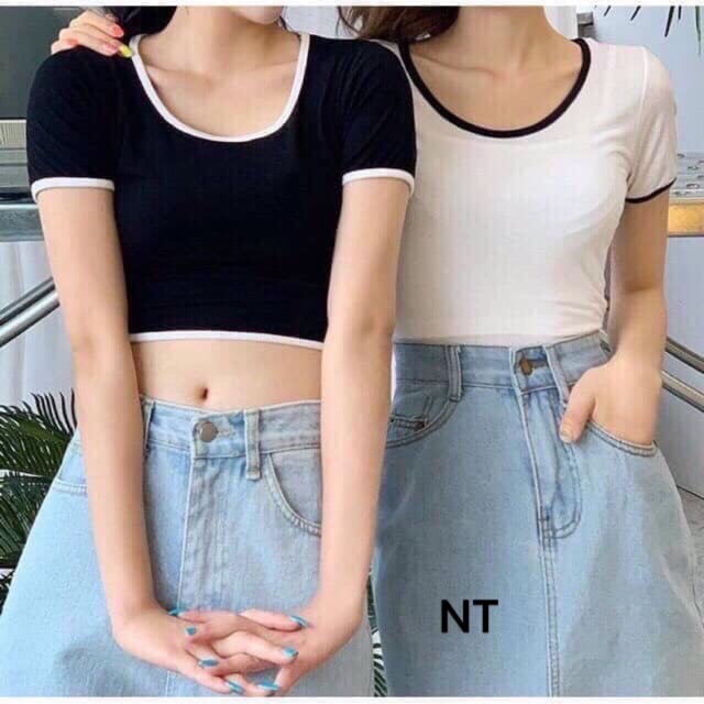 Áo croptop body thun cổ viền đen trắng