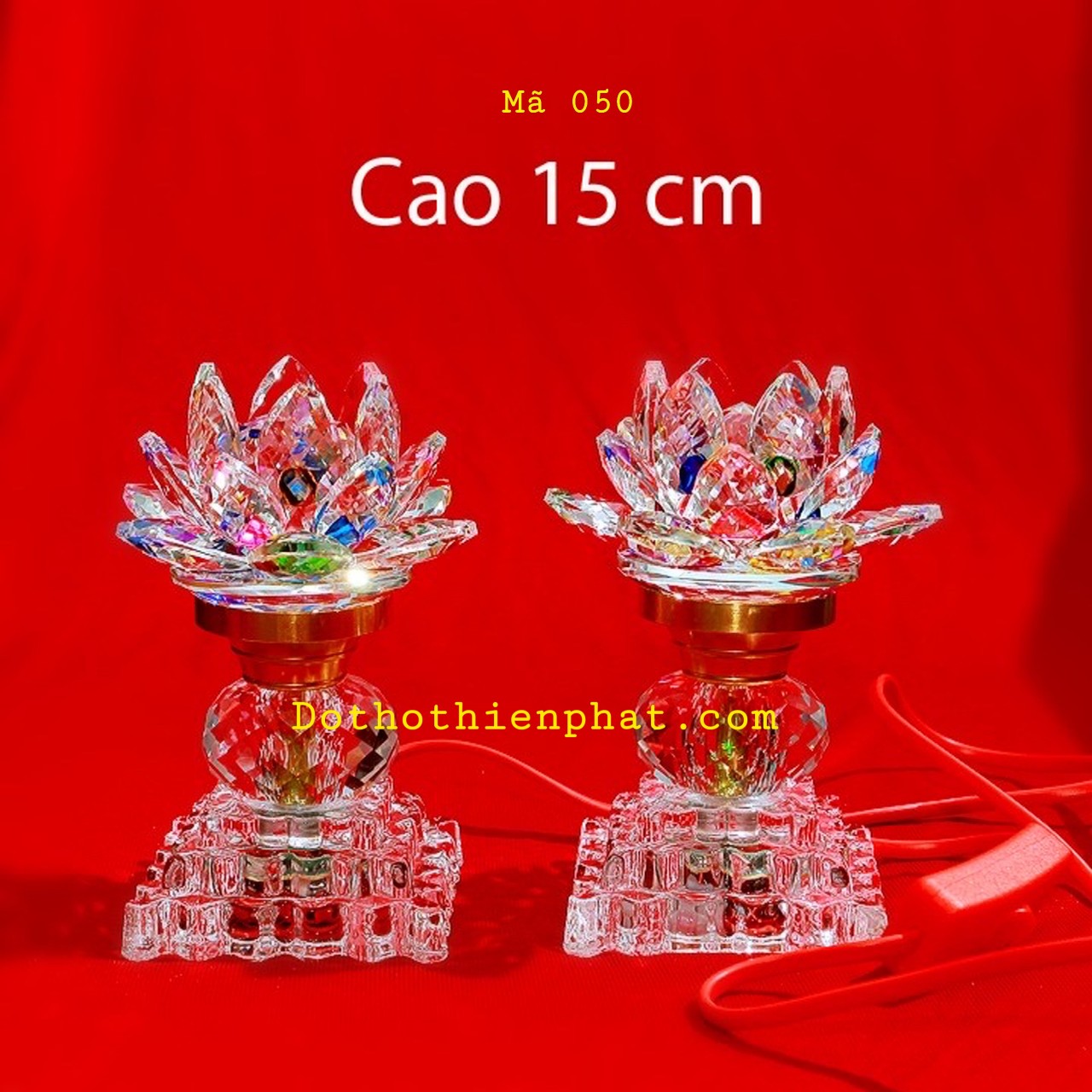 Cặp đèn thờ đá pha lê cao cấp Led tự động đổi 7 màu cao 15cm