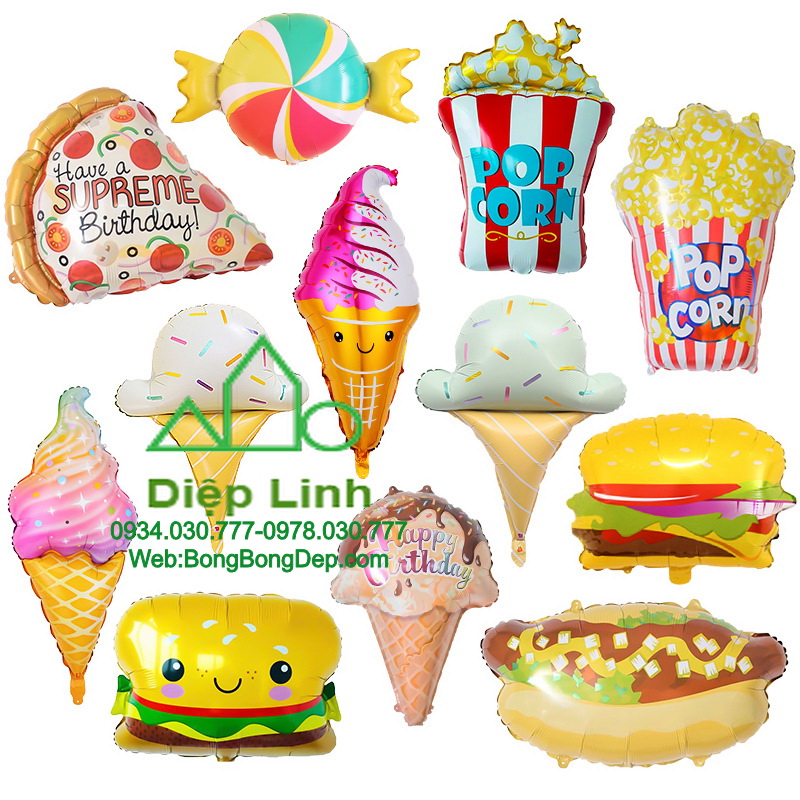 [HCM]Bong bóng kiếng tráng nhôm trang trí hình bánh donut popcorn bỏng ngô bắp hamburger pizza đồ chơi
