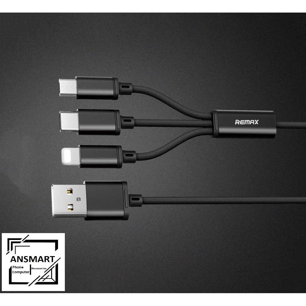 Cáp sạc 3 đầu đa năng Remax bọc dù,Cáp sạc 3 đầu Lightning, TypeC, Micro USB