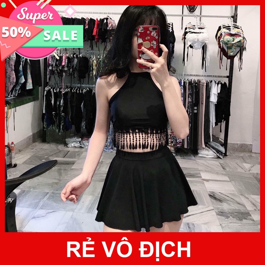Bikini 2 mảnh váy lưng cao che bụng mix áo yếm tua rua baby 2024