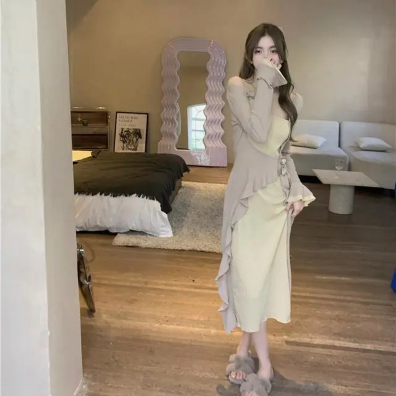 Đầm Dài Trễ Bên Vai Nữ Tính Phong Cách Tiểu Thư
