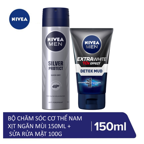 [BỘ ĐÔI] Xịt ngăn mùi NIVEA MEN SILVER 150ml + Sữa rửa mặt NIVEA MEN EXTRA WHITE 100g
