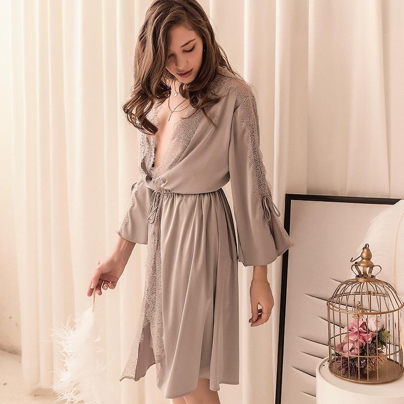 Gợi Cảm Áo Ngủ Nữ Kiểu Pháp Ngọt Ngào Ren Buộc Dây Đồ Ngủ Vải Satin Lụa Giả Váy Ngủ Kimono Áo Choàng Tắm Đồ Lót