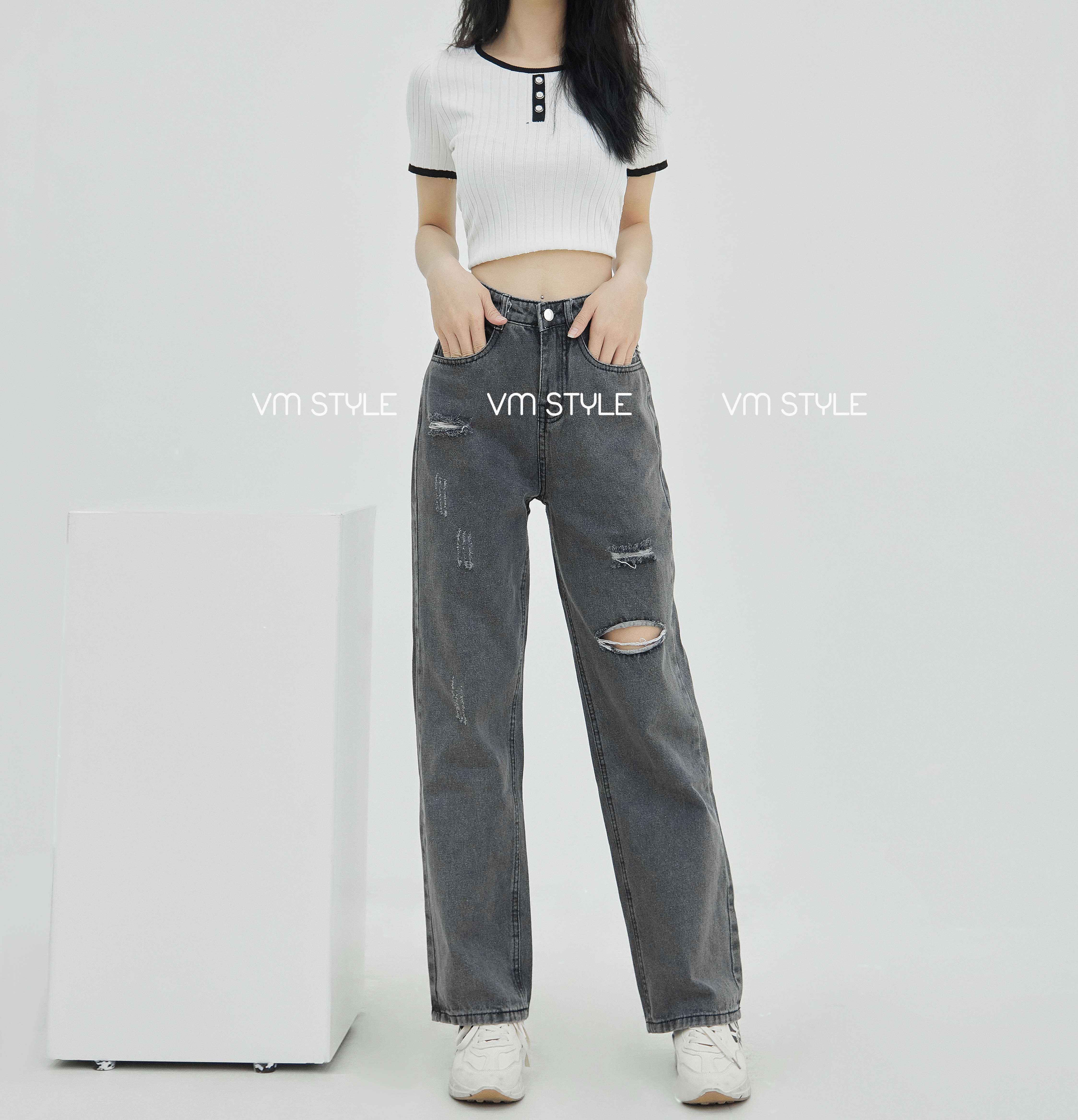 Quần jean nữ ống rộng VMSTYLE QJR00048 lưng cao hách dáng, xước rách cá tính lai thường 3529