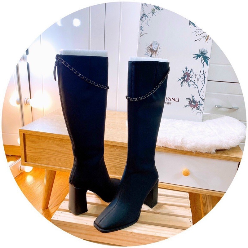 BOOT ĐÙI (Boot) da cao cấp gót vuông 9cm dây xích