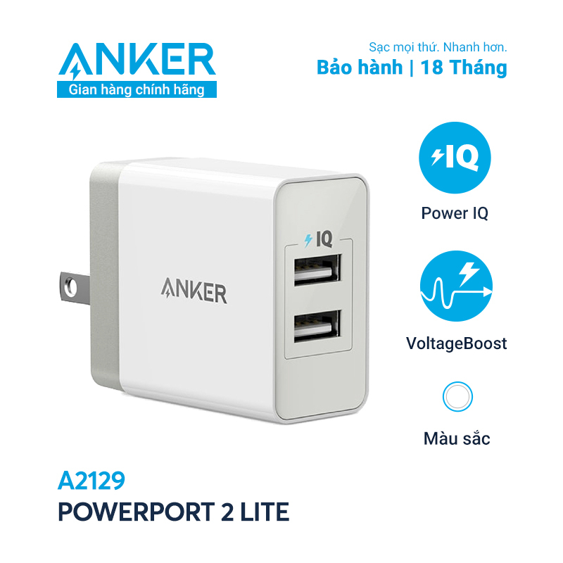Sạc ANKER PowerPort 2 Lite 2 cổng PowerIQ 12W - A2129