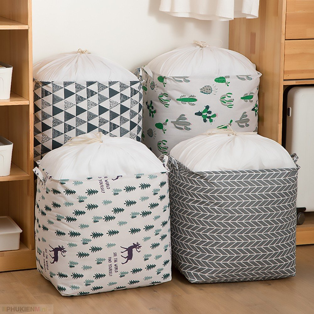 Túi vải vintage cỡ lớn đựng chăn mền drap, quần áo có quai xách dạng túi rút dây kiểu dáng sang trọng