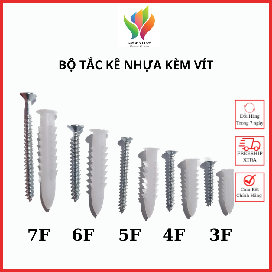 20 50 100 200 con tắc kê nhựa, tắc kê nở nhựa, tắc kê đóng tường kèm vít đủ kích cỡ