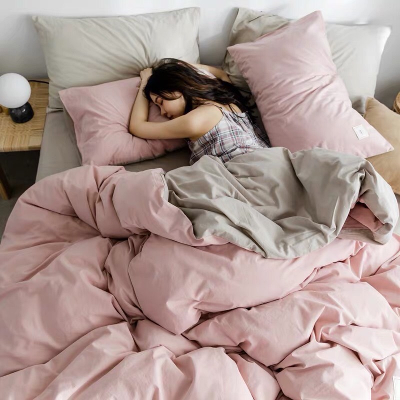 Bộ chăn ga gối Cotton trơn màu Basic hồng ghi đủ kích thước