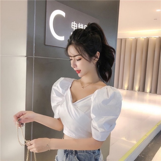 [HCM]Áo kiểu croptop đắp chéo tay phồng