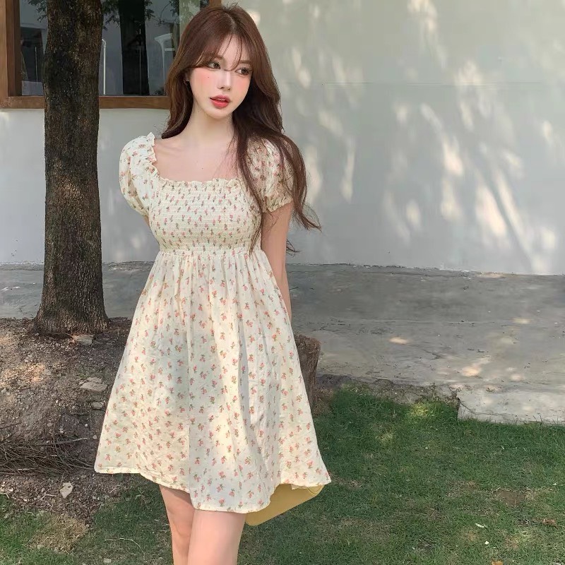 Váy Hoa Pháp Cổ Vuông Eo Cao