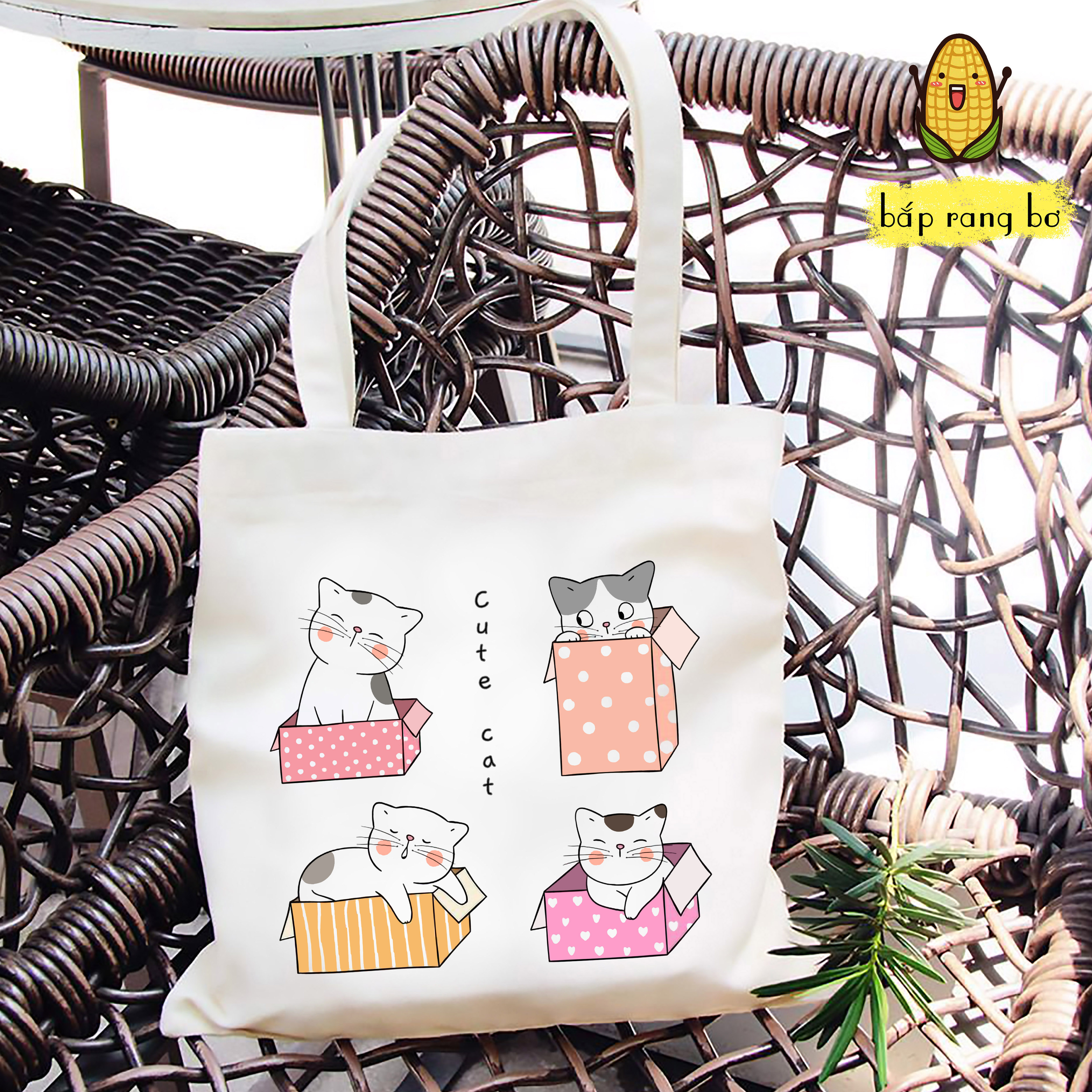 Túi tote vuông bầy mèo siu dễ thương cute có dây kéo miệng túi