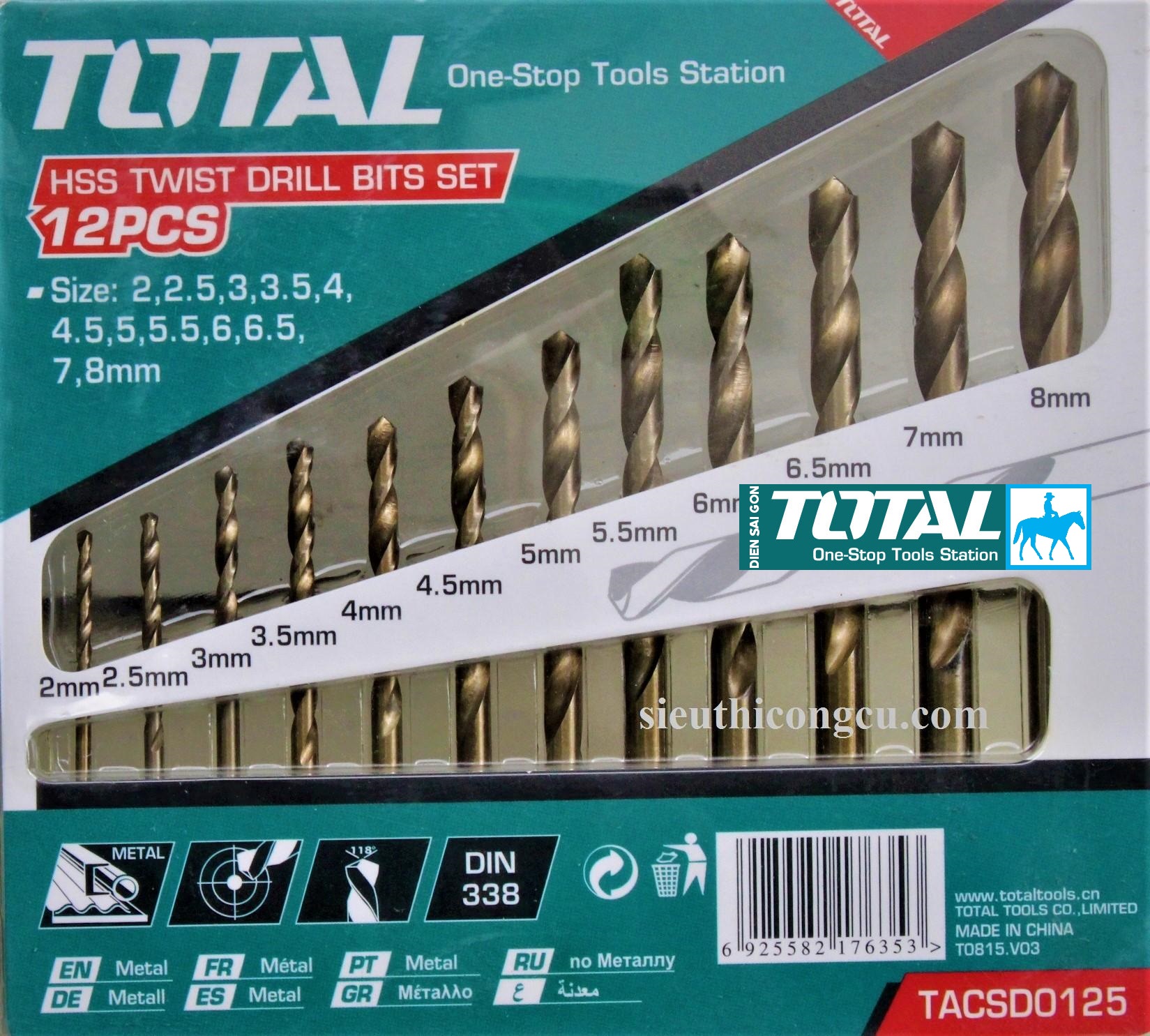Bộ 12 mũi khoan kim loại 2-8mm hss ingco akdb1125