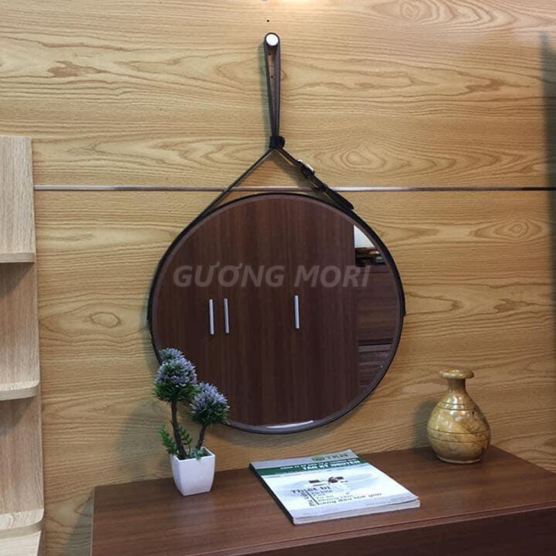 (Size40cm) Gương Tròn Viền Da Simili màu Nâu Đậm