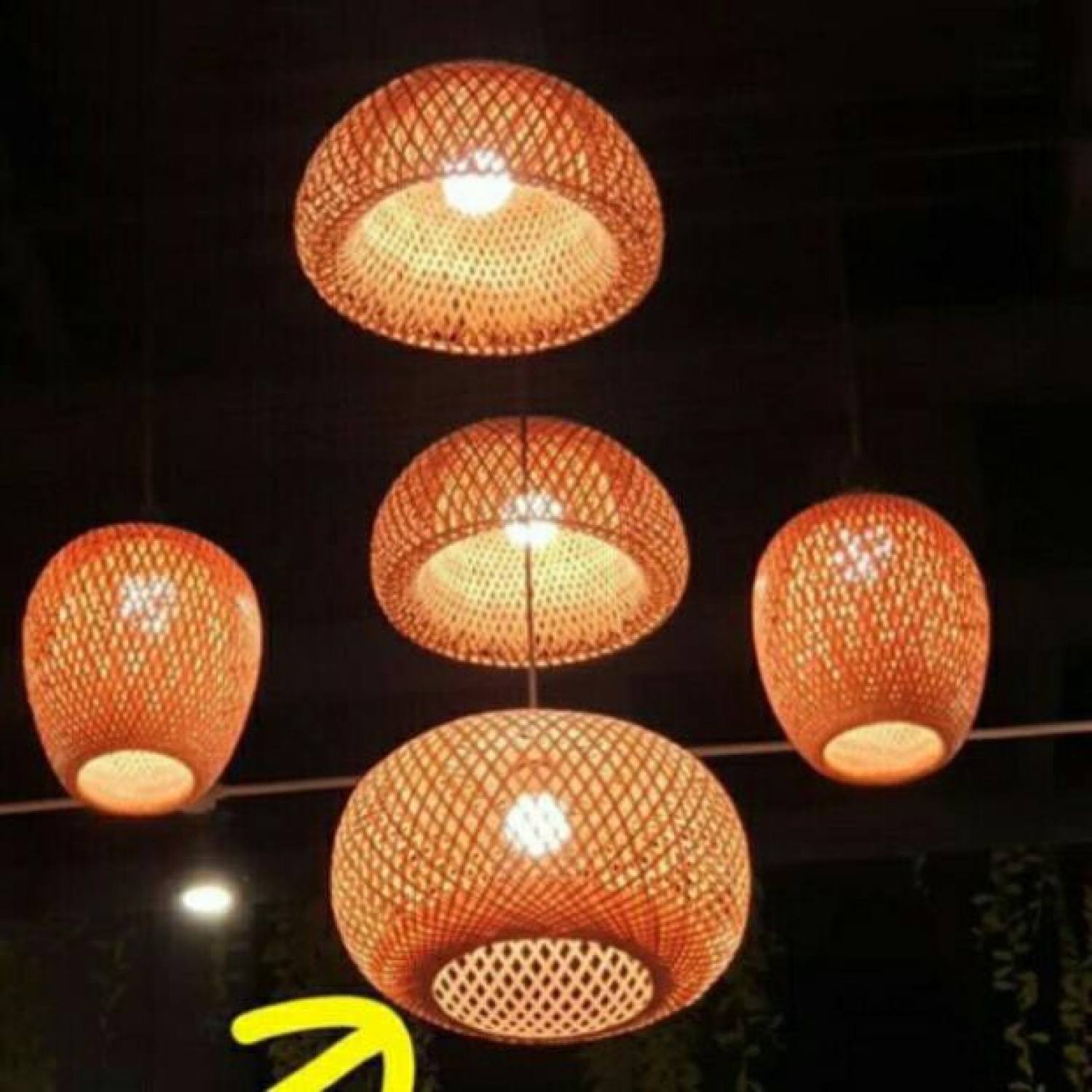 Chao đèn mây tre 2 lớp dạng nấm, nhót trang trí nhà hàng khách sạn LH 0978945425