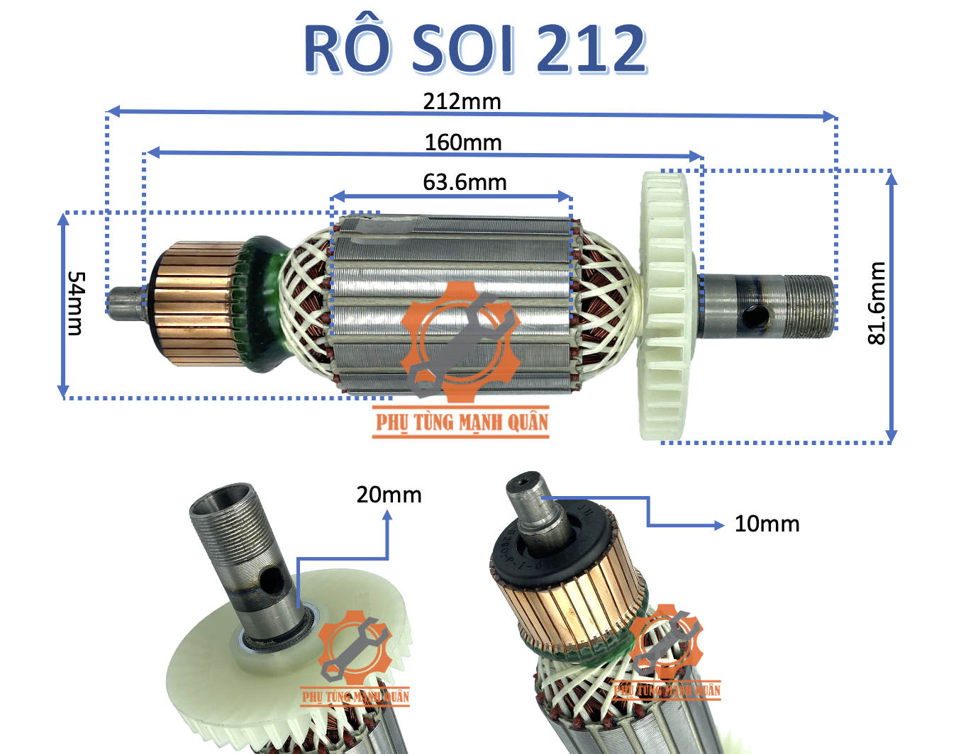 Rotor/ruột máy soi / máy phay mt362 mt360 mt3612 cánh nhựa dài 212 mm tặng kèm chổi than cao cấp