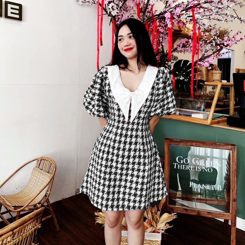 Đầm dạ caro tay phồng siêu dể thương tiểu thư bánh bèo , công chúa cho các chị em