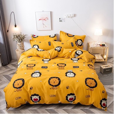 Bộ chăn Phao Kèm Ga Và Vỏ Gối Chất Cotton Poly Mẫu SƯ TỬ VÀNG