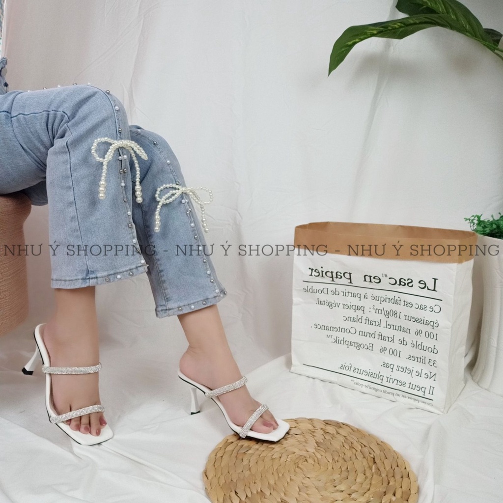 Guốc cao gót nữ 2 quai đính đá mũi vuông sang chảnh 5cm 2 màu đen trắng - hình chụp thật