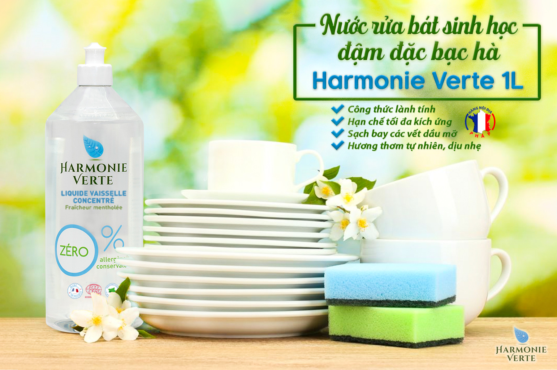 NƯỚC RỬA BÁT HỮU CƠ BẠC HÀ HARMONIE VERTE 1L