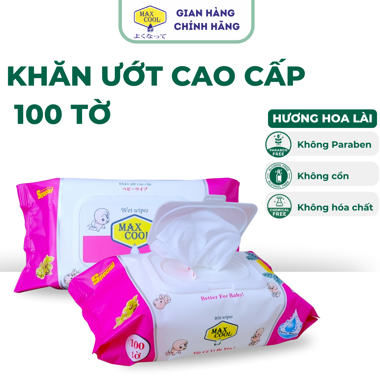 Thùng 10 gói khăn ướt cao cấp Max Cool 100 tờ, hương hoa lài