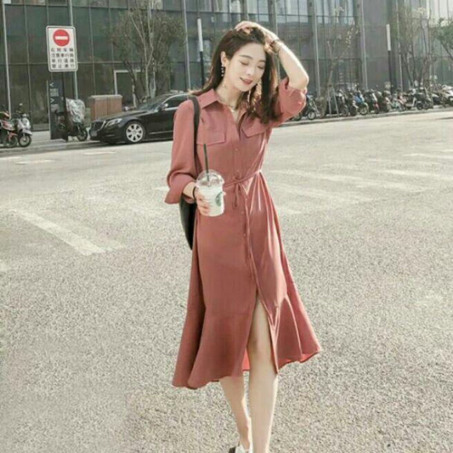 [HCM]Đầm sơ mi hồng ruốc túi hộp ( kèm ảnh thật)