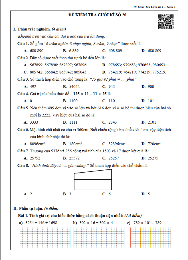 Sách - Đề Kiểm Tra Toán 4 - Học Kì 1 (1 cuốn)