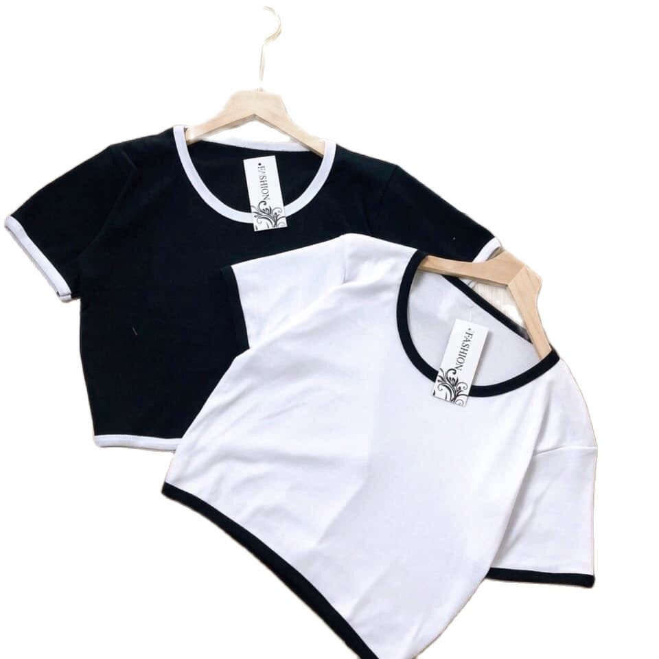 [ THỜI TRANG TỐI GIẢN] ÁO CROPTOP TAY NGẮN VIỀN CHỈ MÀU MC sale 50%