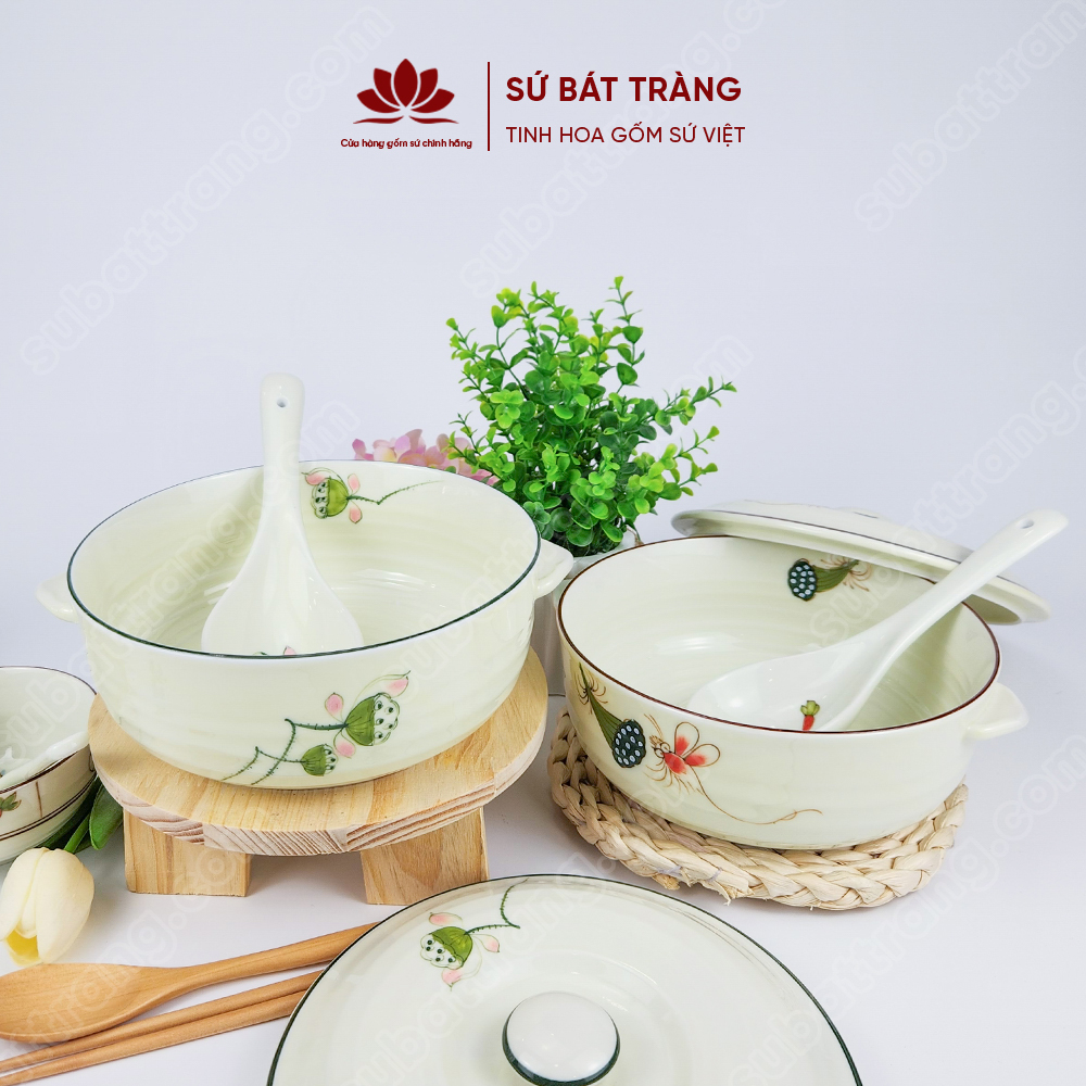 Thố sứ đựng cơm có nắp, nhiều họa tiết lựa chọn Bát Tràng
